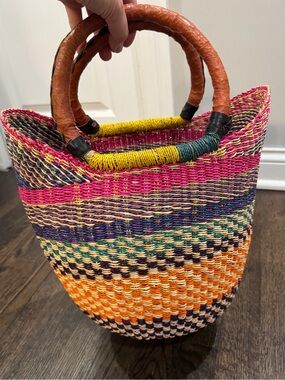 Handwoven Bolga Ghana Winged Leather Handle Basket Bag